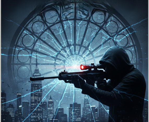 An intense thriller scene from Ghost of York Episode 1 showing a sniper aiming from a dark abandoned building toward a crowded political rally in New York City.