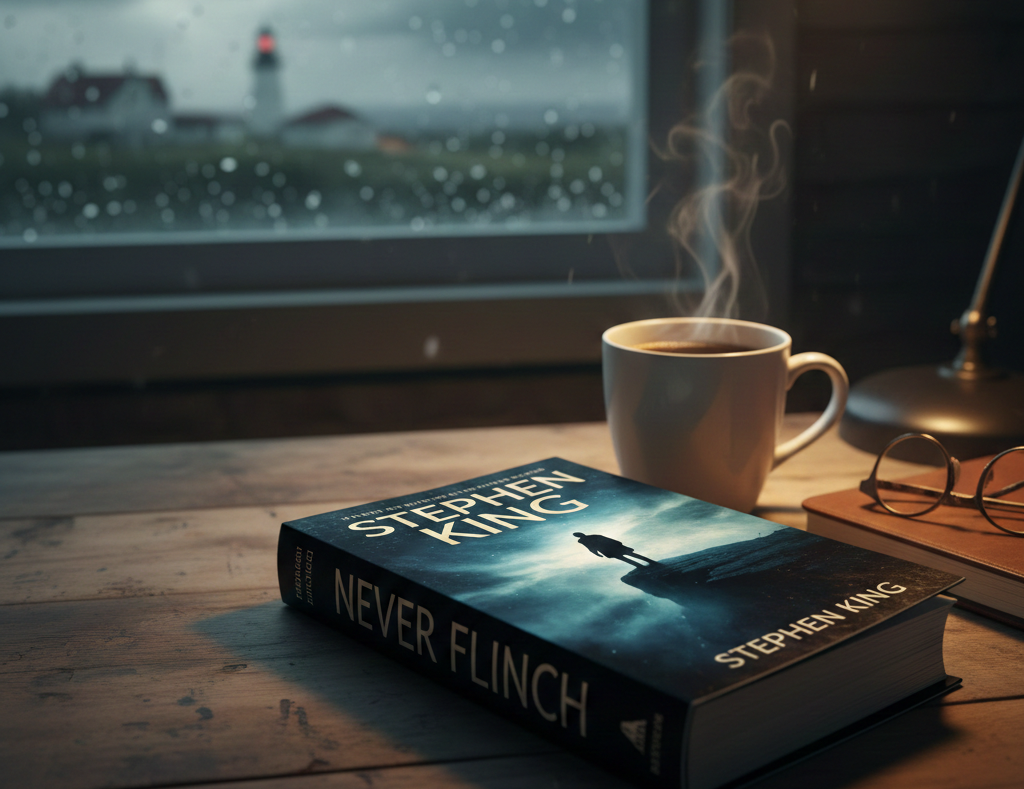 Stephen King most recent novel 2026 Never Flinch book cover on a wooden table with coffee.