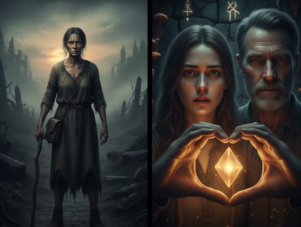 SF Shaw - An Author of Epic Fantasy and Fiction Books 17 Three broken children standing together in a dark fantasy forest, symbolizing survival, kinship, and defiance against destiny in the Forbidden World.